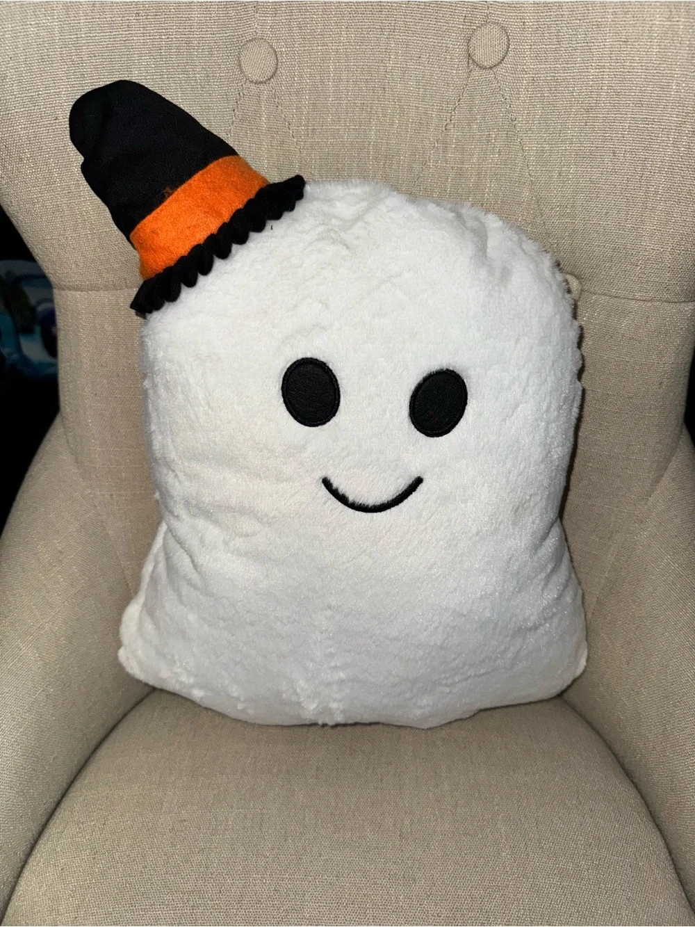 Plush White Ghost Decorative Pillow with Black & Orange Hat - Brand